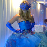 Custom Themes TDC Entertainment can create unique costumes to compliment almost any theme. Example here is “Water” theme. The dress was made to resemble a cascading waterfall out of layers of sheer fabric! 