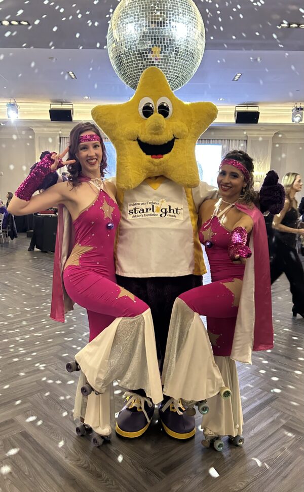 Professional roller skaters providing high-energy entertainment at an event.